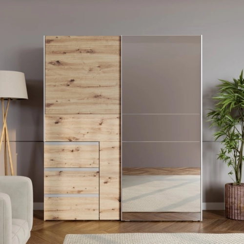 Szafa przesuwna z lustrem i szufladami 170 cm Kolor Dąb Artisan